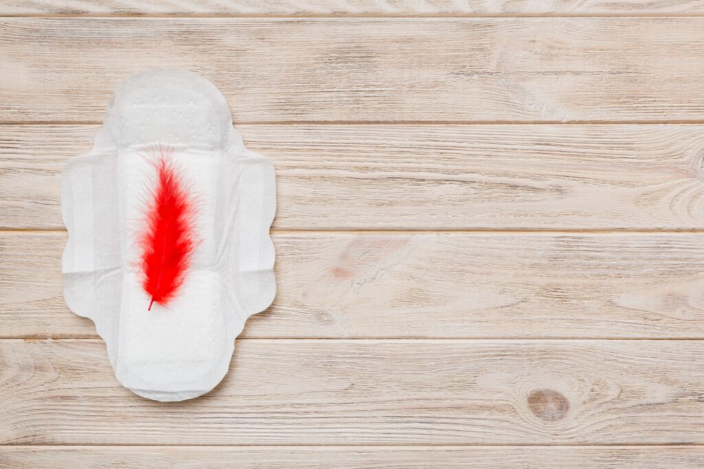 Women hygiene products or Sanitary pad with red feather on colored background. Pastel color. Closeup